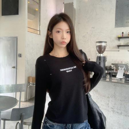 FA53551# 羊绒抓毛长袖t恤打底衫女刺绣薄款春秋新款圆领上衣