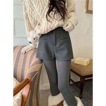 FA53554# 黑色毛呢包臀短裤女秋冬季新款辣妹外穿a字厚款韩系高腰靴裤