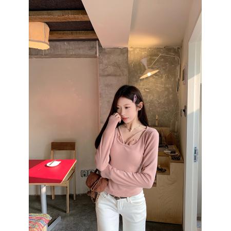 FA53555# 慕斯羊绒长袖t恤打底衫女春秋内搭甜美蕾丝V领上衣