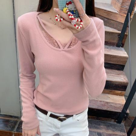 FA53555# 慕斯羊绒长袖t恤打底衫女春秋内搭甜美蕾丝V领上衣