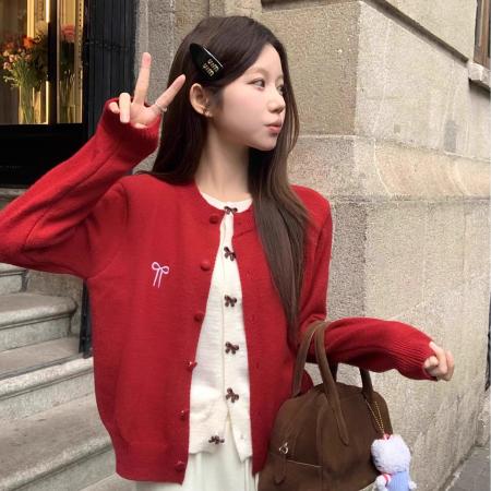 FA53556# 绵羊绒红色复古假两件毛衣开衫女秋冬减龄蝴蝶结刺绣针织衫外套