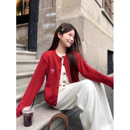 FA53556# 绵羊绒红色复古假两件毛衣开衫女秋冬减龄蝴蝶结刺绣针织衫外套