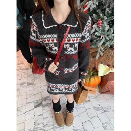 FA53557# 绵羊绒费尔岛针织毛衣外套高腰包臀半身裙短裙女新款两件套