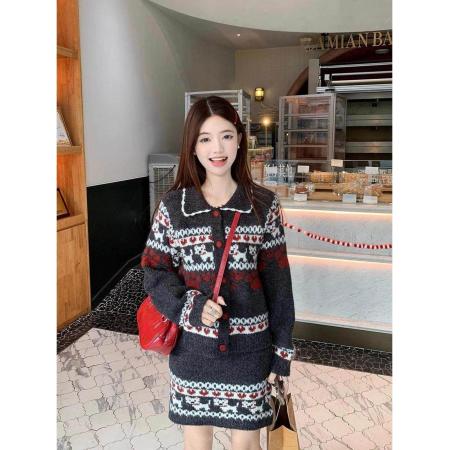 FA53557# 绵羊绒费尔岛针织毛衣外套高腰包臀半身裙短裙女新款两件套