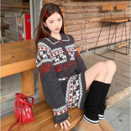 FA53557# 绵羊绒费尔岛针织毛衣外套高腰包臀半身裙短裙女新款两件套