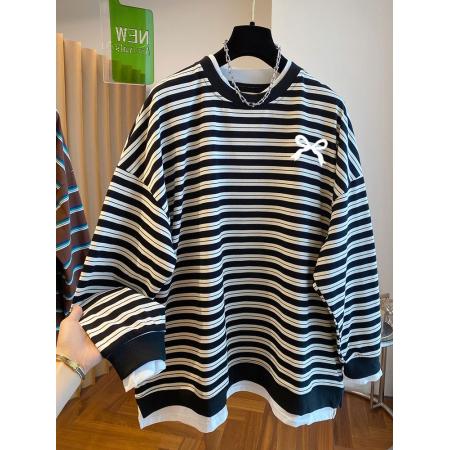 FA53558# 双纱色织条特大码300斤后包领秋季条纹假两件卫衣