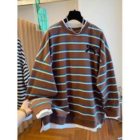 FA53558# 双纱色织条特大码300斤后包领秋季条纹假两件卫衣