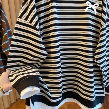 FA53558# 双纱色织条特大码300斤后包领秋季条纹假两件卫衣