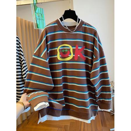 FA53559# 双纱色织条特大码300斤后包领秋季条纹假两件卫衣