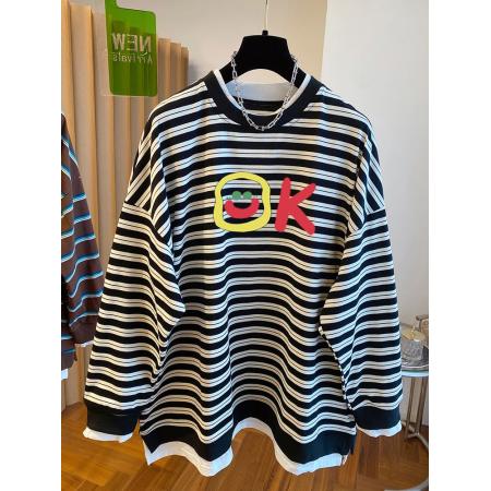 FA53559# 双纱色织条特大码300斤后包领秋季条纹假两件卫衣