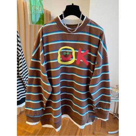 FA53559# 双纱色织条特大码300斤后包领秋季条纹假两件卫衣