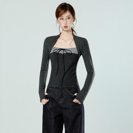 FA53560# 蝴蝶结系带假两件长袖T恤女秋冬设计感修身显瘦条纹上衣