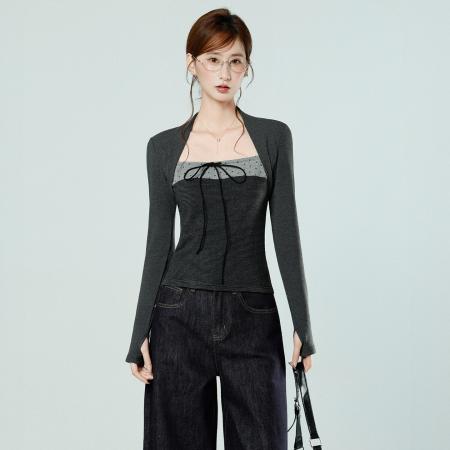 FA53560# 蝴蝶结系带假两件长袖T恤女秋冬设计感修身显瘦条纹上衣