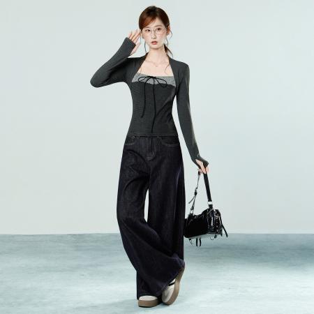 FA53560# 蝴蝶结系带假两件长袖T恤女秋冬设计感修身显瘦条纹上衣