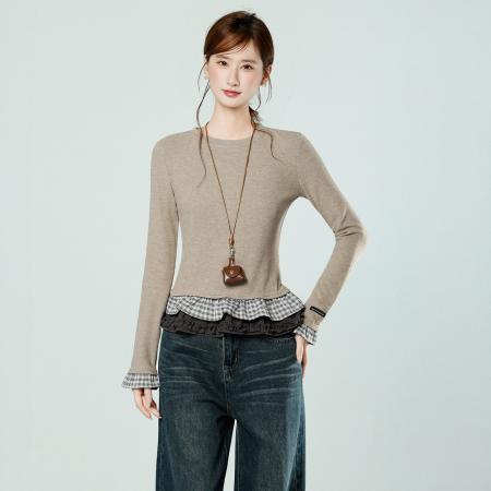 FA53561# 下摆花边格子拼接长袖T恤女秋冬修身内搭德绒打底衫上衣