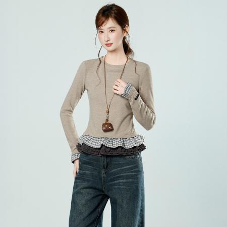 FA53561# 下摆花边格子拼接长袖T恤女秋冬修身内搭德绒打底衫上衣