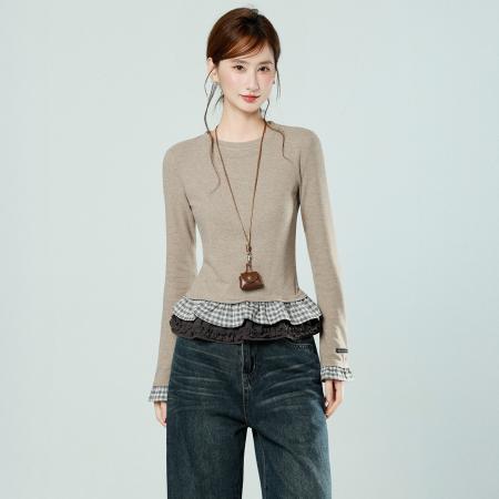 FA53561# 下摆花边格子拼接长袖T恤女秋冬修身内搭德绒打底衫上衣