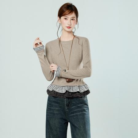 FA53561# 下摆花边格子拼接长袖T恤女秋冬修身内搭德绒打底衫上衣