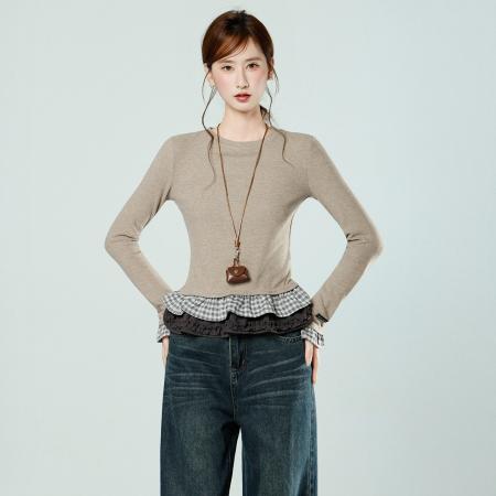 FA53561# 下摆花边格子拼接长袖T恤女秋冬修身内搭德绒打底衫上衣