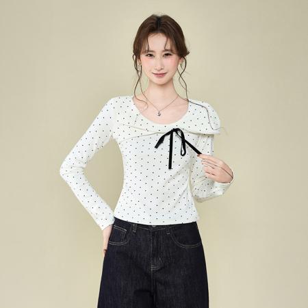 FA53562# 法式蝴蝶结波点长袖t恤女秋冬修身内搭设计感打底衫上衣