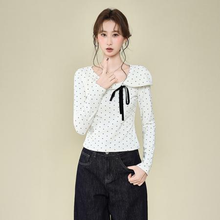 FA53562# 法式蝴蝶结波点长袖t恤女秋冬修身内搭设计感打底衫上衣