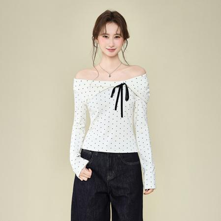 FA53562# 法式蝴蝶结波点长袖t恤女秋冬修身内搭设计感打底衫上衣