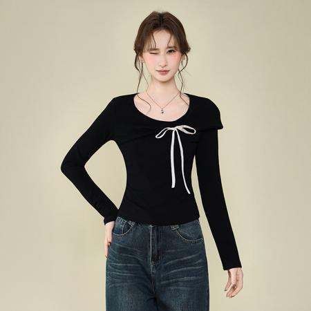 FA53562# 法式蝴蝶结波点长袖t恤女秋冬修身内搭设计感打底衫上衣
