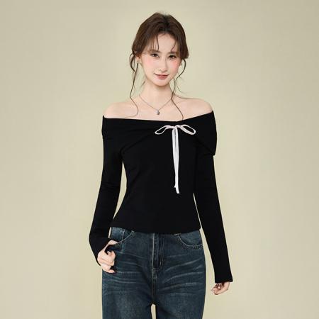 FA53562# 法式蝴蝶结波点长袖t恤女秋冬修身内搭设计感打底衫上衣