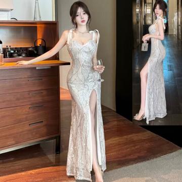 FA54502# 春季高端银色亮片透视露腰宴会晚礼服轻奢名媛开叉吊带连衣裙 服裝批發女裝批發服飾貨源