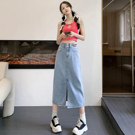 LN76418#夏季款牛仔裤女半身裙女高腰宽松显瘦双扣中长款小个子包臀长裙