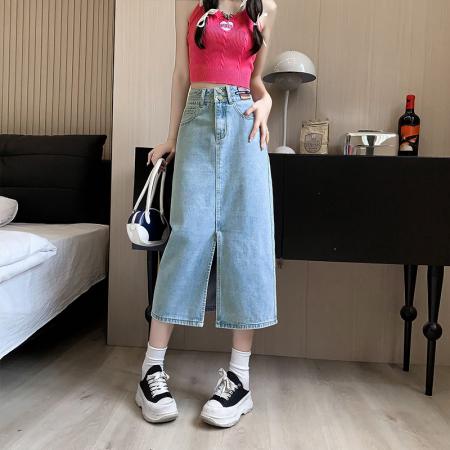 LN76418#夏季款牛仔裤女半身裙女高腰宽松显瘦双扣中长款小个子包臀长裙