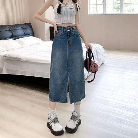 LN76418#夏季款牛仔裤女半身裙女高腰宽松显瘦双扣中长款小个子包臀长裙