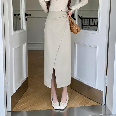 LN76419#不规则半身裙秋冬设计感褶皱皮裙pu包臀高腰百褶中长款裙