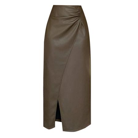 LN76419#不规则半身裙秋冬设计感褶皱皮裙pu包臀高腰百褶中长款裙