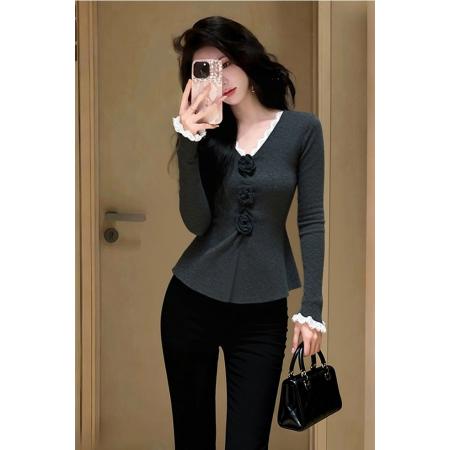 LN76420#冷淡系漂亮设计感修身打底衫气质高级感灰色立体花朵针织衫女秋冬