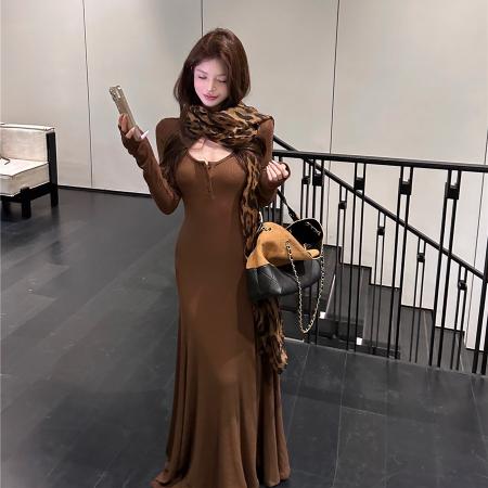 FA53572# 复古性感百搭修身显瘦针织鱼尾长裙连衣裙女