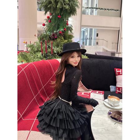 FA53575# 春装复古纯欲黑色连衣裙千金生日裙后背镂空烫钻收腰蛋糕裙女