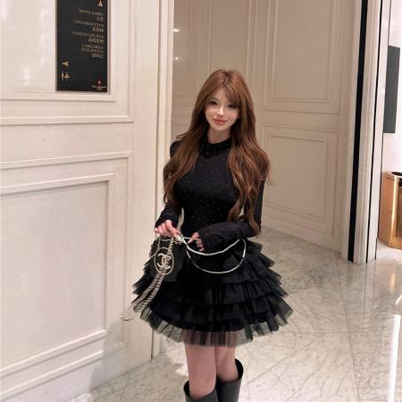 FA53575# 春装复古纯欲黑色连衣裙千金生日裙后背镂空烫钻收腰蛋糕裙女