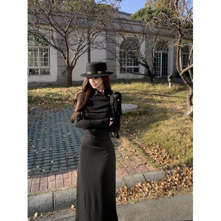 FA53577# 秋冬复古性感优雅气质披肩收腰显瘦针织连衣裙长裙女