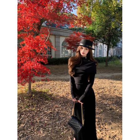 FA53577# 秋冬复古性感优雅气质披肩收腰显瘦针织连衣裙长裙女