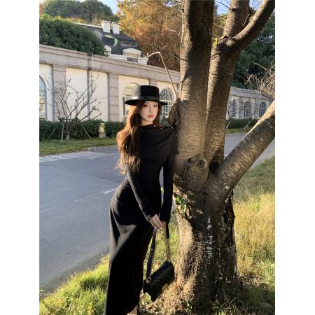 FA53577# 秋冬复古性感优雅气质披肩收腰显瘦针织连衣裙长裙女