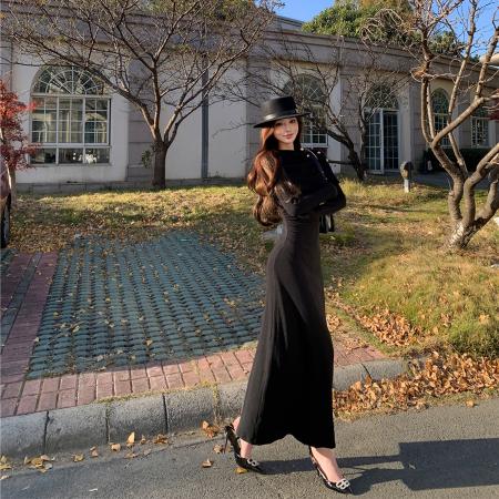 FA53577# 秋冬复古性感优雅气质披肩收腰显瘦针织连衣裙长裙女