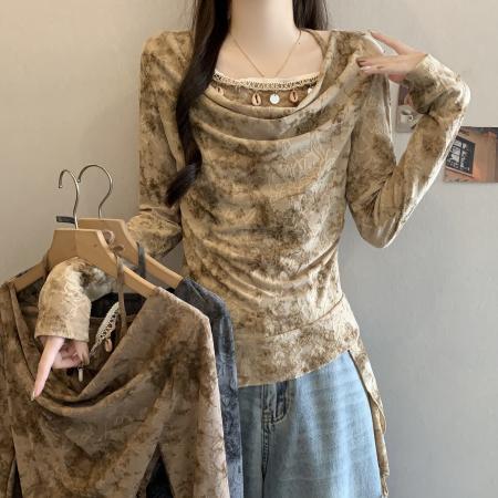 FA53579# 超好看灰色修身打底衫女新款高级设计感提花小衫绝美荡领上衣