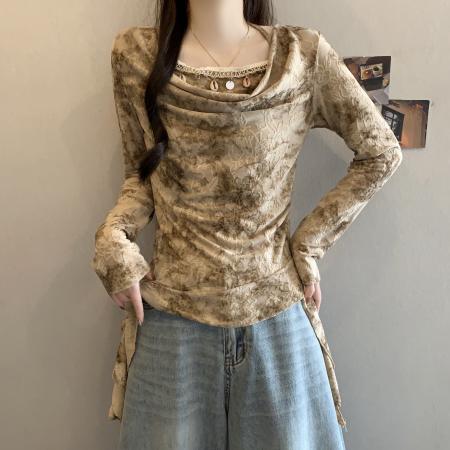 FA53579# 超好看灰色修身打底衫女新款高级设计感提花小衫绝美荡领上衣