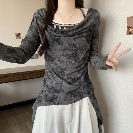 FA53579# 超好看灰色修身打底衫女新款高级设计感提花小衫绝美荡领上衣