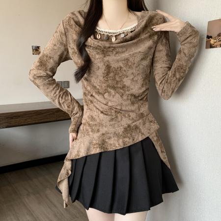 FA53579# 超好看灰色修身打底衫女新款高级设计感提花小衫绝美荡领上衣