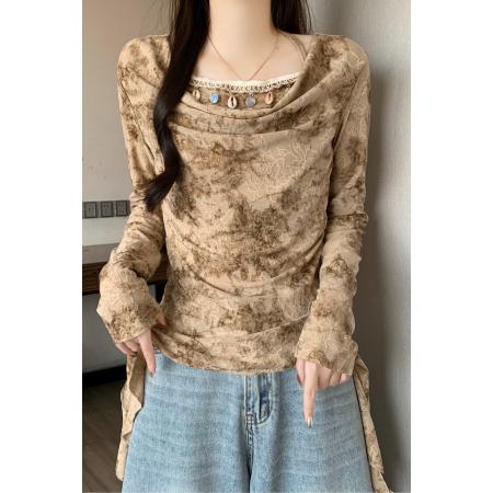 FA53579# 超好看灰色修身打底衫女新款高级设计感提花小衫绝美荡领上衣