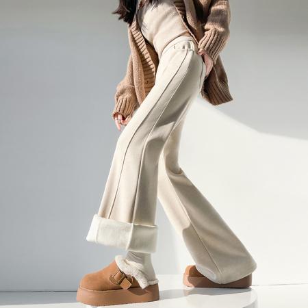 FA53581# 加绒微喇裤女秋冬新款高腰垂感显瘦直筒卫裤羊绒糯米裤加厚喇叭裤