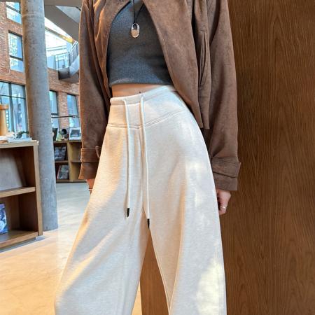 FA53582# 奶茶糯米裤垂坠感软糯加绒加厚羊毛呢阔腿裤女秋冬季休闲运动卫裤