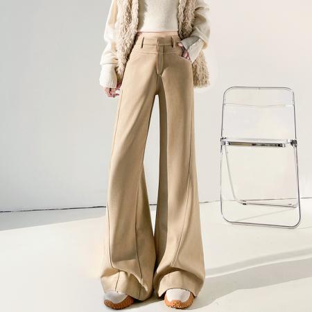 FA53583# 卡其色微喇西装裤女秋冬季新款高腰垂感加绒直筒休闲喇叭阔腿裤子